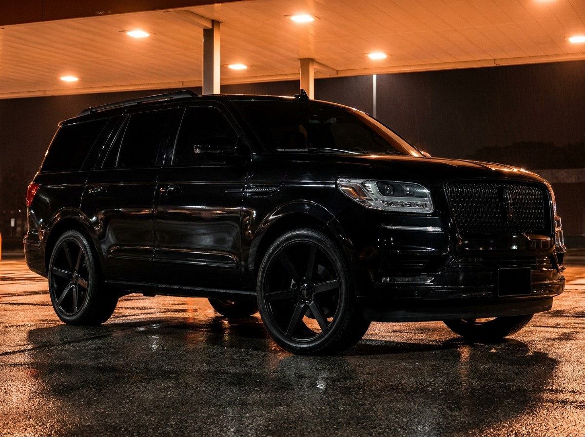 Black executive SUV outside a hotel at night