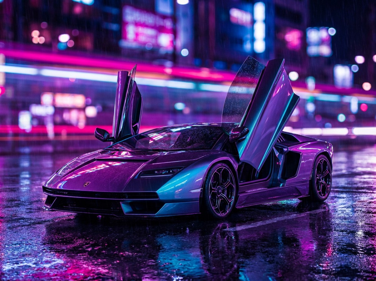 Exotic supercar on a city street at night