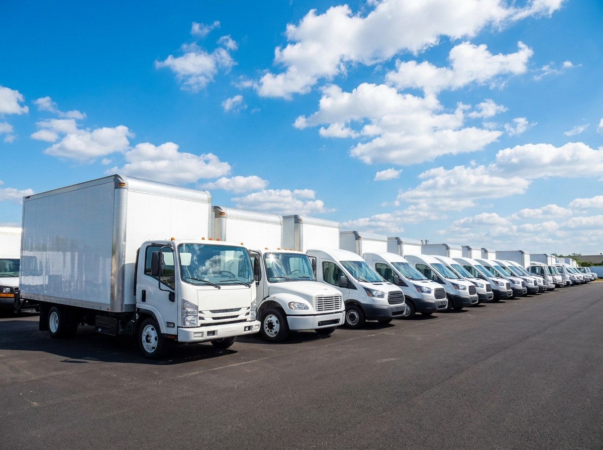 Box trucks and cargo vans in a fleet yard at dawn